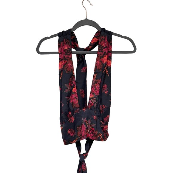 Free People Summer in Sicily Top Medium Halter Cropped Floral Satin Tie NWOT - Picture 4 of 11